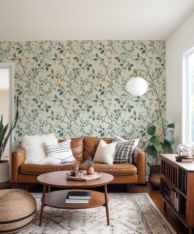 Japanese Wallpaper, Removable Floral Mural, Flower Peel and Stick Wallpaper, Neutral Flower and Fruit Wall covering, Nursery Wall Decor