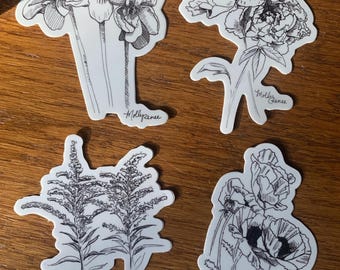 Zwart-witte vinylstickers met bloemen | Handgetekend | Cadeau