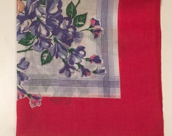 Vintage Floral Handkerchief, Red Handkerchief, Blue Floral Handerchief on White Background with Red Border