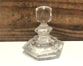 Vintage Hexagon Shaped Perfume Bottle, Clear Glass Perfume Bottle, Glass Stopper, Triangle with J in the Center Maker 39 s Mark
