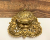 Vintage Brass Inkwell with Original Porcelain Cup, Vintage Gold Ornate Inkwell, Brass Desk Accessory, Man Cave Gift