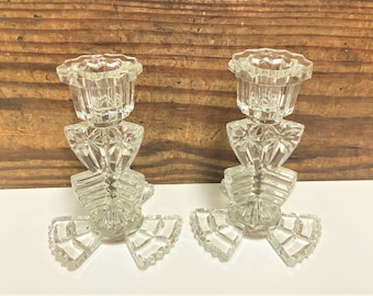 Vintage Cut Glass Candlestick Holders: Floral Design, Clear Crystal Pair