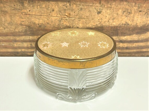 Vintage Gold Top Vanity Jar, Gold Fabric Top with… - image 2