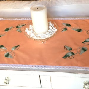 Vintage Peach Embroidered Table Runner, Embroidered Leaf Pattern, White Trim Border, Vintage Table Scarf