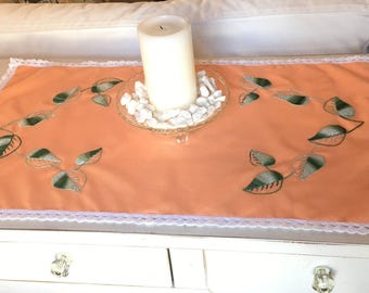 Vintage Peach Embroidered Table Runner, Embroidered Leaf Pattern, White Trim Border, Vintage Table Scarf