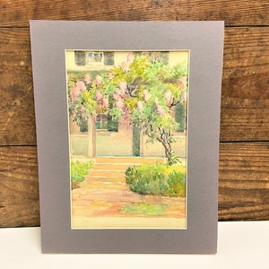 Vintage Watercolor with Matte, Wisteria Tree Outside of Building, Vintage Original Watercolor, Shabby Chic Decor, Wisteria Watercolor