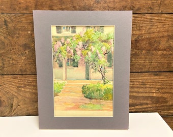 Vintage Watercolor with Matte, Wisteria Tree Outside of Building, Vintage Original Watercolor, Shabby Chic Decor, Wisteria Watercolor