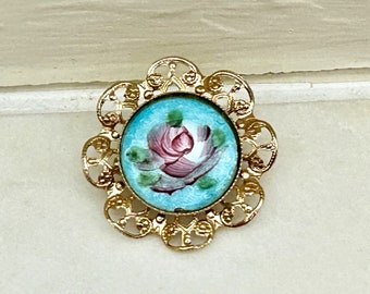 Vintage Guilloche Brooch: Gold Plated Filigree Pink Rose on Blue
