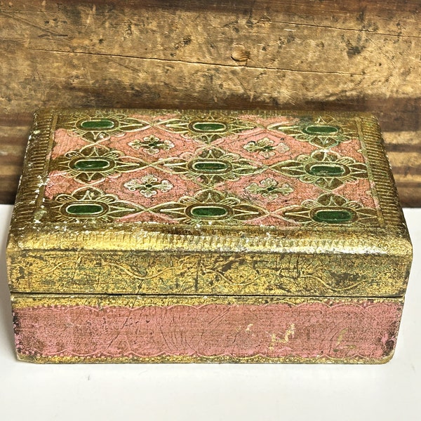 Vintage Italian Florentine Wood Box, Florentine Wooden Trinket Box, Pink and Gold Florentine Jewel Box