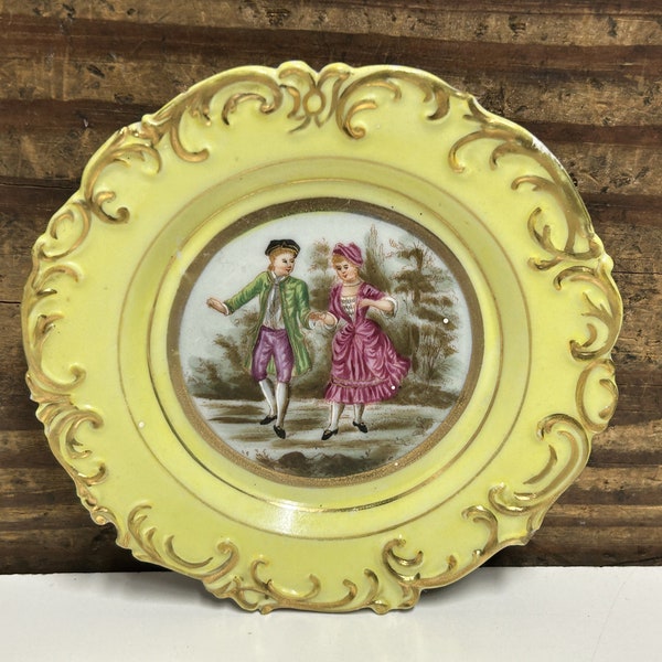 Vintage Small Victorian Scene Plate/Trinket Dish, Courting Scene in the Center, Yellow Outer with Gold Trim, Small Serving Dish