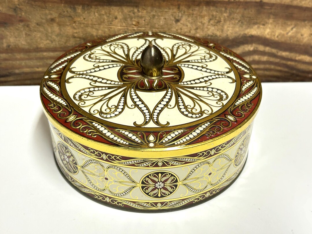 Red Tin Patterns Vintage Round Decorative Tin Made in England, Gold Scroll Designs on a ...