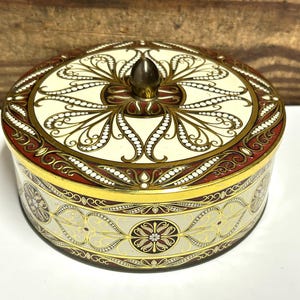 Vintage Round Decorative Tin Made in England, Gold Scroll Designs on a Deep Red Backgroun, Candy Tin, Keepsake Tin, Vanity Tin