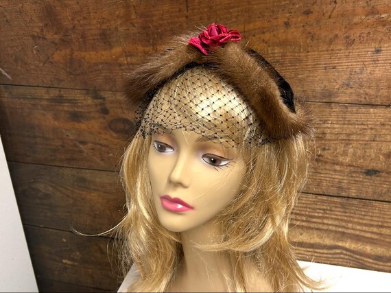 Vintage Mink Fur Fascinator with Black Netting and Pink Satin Rose, 50's Mink Fascinator, Fur Fascinator, Mink Headband Fascinator