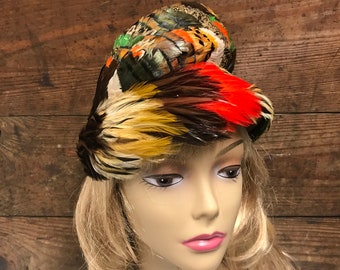 Vintage 1950&#39;s Feather Lampshade Hat by Harriett Fashion, Pheasant Basket Cloche Feather Hat, Black Netting, Mid Century Feather Hat,