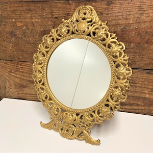 Vintage Vanity Gold Mirror, Gold Ornate Free Standing Mirror, Vintage Gold Dresser Mirror, Vintage Wall Hung Gold Mirror