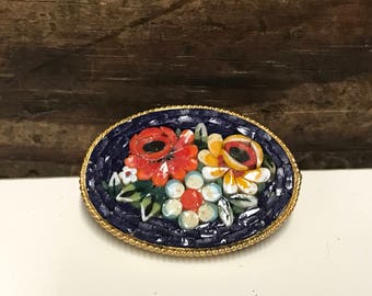 Vintage Micro Mosaic Tile Brooch, Navy Blue Background with Red, White and Yellow Florals, Italian Mosaic Brooch, Floral Brooch