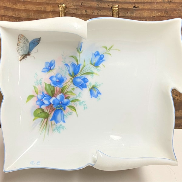 Beautiful Vintage Blue Floral Porcelain Dish/Tray, Hand Painted Blue Floral and Butterfly Porcelain Trinket Dish, Vintage Floral Candy Dish