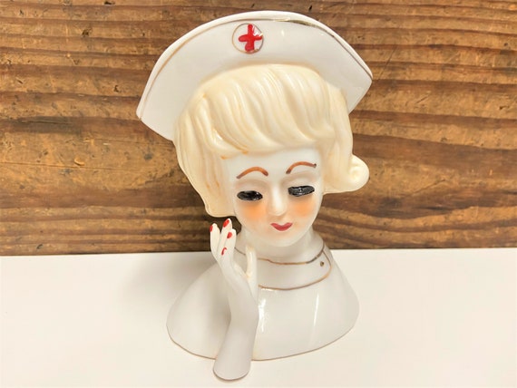 Vintage Nurse Head Vase, Red Cross Nurse Head Vase