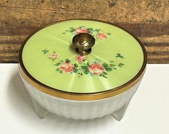 Vintage Guilloche Top Vanity Jar, Green Enamel with Pink Rose Top, Frosted Ribbed Cut Glass Base, Vtg Vanity Decor, Guilloche Trinket Box