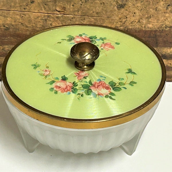 Vintage Guilloche Top Vanity Jar, Green Enamel with Pink Rose Top, Frosted Ribbed Cut Glass Base, Vtg Vanity Decor, Guilloche Trinket Box