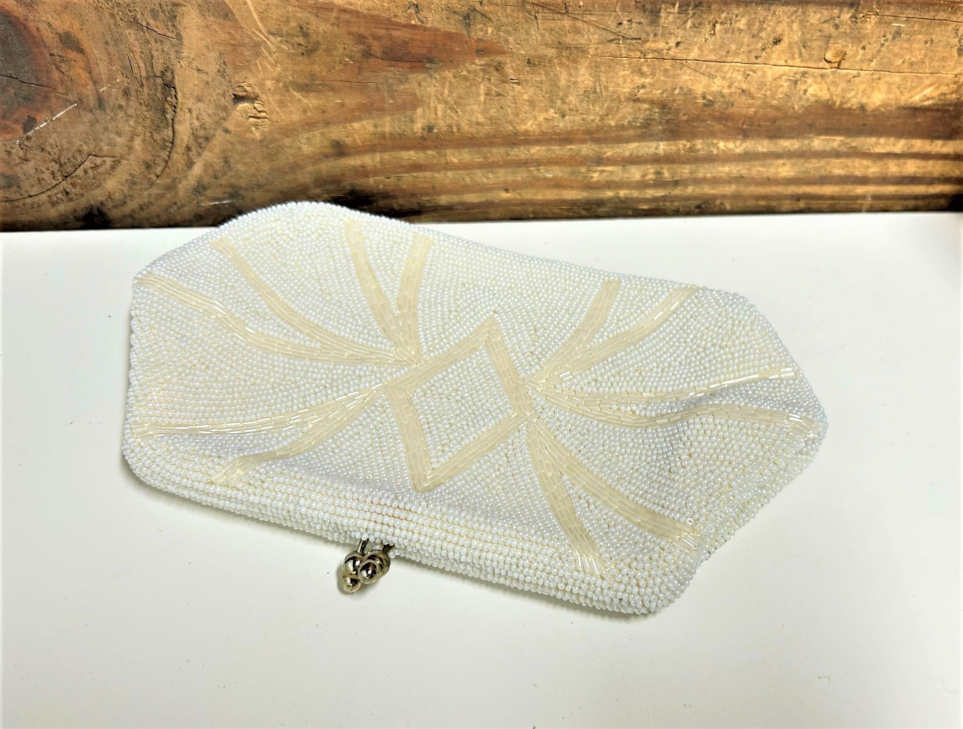 White Beaded Evening Bag, Vintage Formal Cocktail Handbag