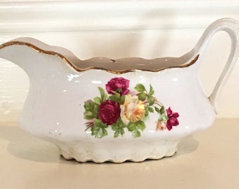 Vintage Rose Porcelain Gravy Boat with Gold Gilt Edging