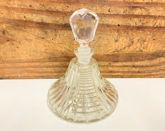 Vintage Clear Cut Glass Perfume Bottle, Clear Glass Perfume Bottle, Glass Stopper, Ribbed Glass Perfume Bottle