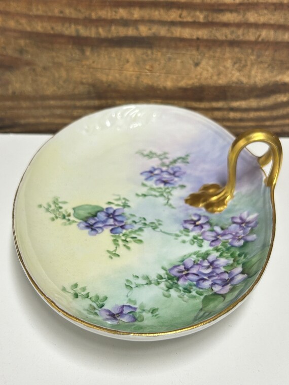 Antique French Limoges Green with Purple Floral H… - image 3