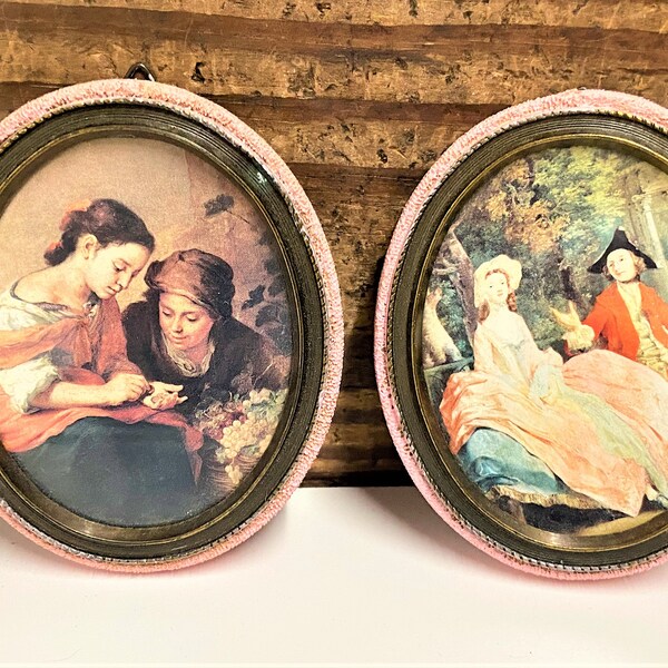 Vintage Pair of Italian Florentine Mini Framed Prints, Made in Italy, Framed Victorian Oval Prints, Victorian Couple, Victorian Romance