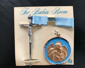 Vintage 50's Religious Baby Boy Shower Gift, Angel Protect Medal, First Crucifix, Vintage Baby Shower Gift,
