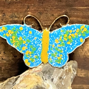 Vintage Blue and Yellow Guilloche Enamel Butterfly Brooch, Blue Butterfly Brooch, Vintage Butterfly Pin