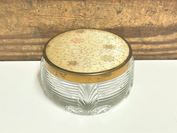 Vintage Gold Top Vanity Jar, Gold Fabric Top with… - image 3