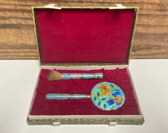 Vintage Cloisonne Hand Mirror and Make Up Brush Set in its Original Case, 2 Pc Vintage Cloisonne Set, Vintage Mirror Vanity Set