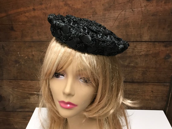 Vintage Black Straw Fascinator, Black Woven Fasci… - image 2