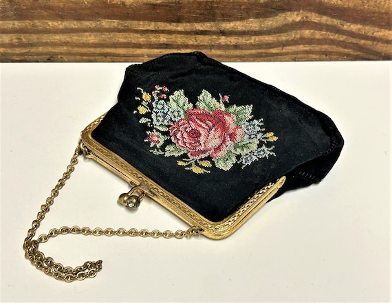 Antique Small Petit Point Fabric Purse, Floral Pe… - image 1