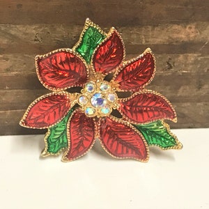Vintage Poinsettia Enamel Holiday Brooch, Christmas Brooch, Red Poinsettia Brooch, Rhinestone Center, Holiday Floral Brooch