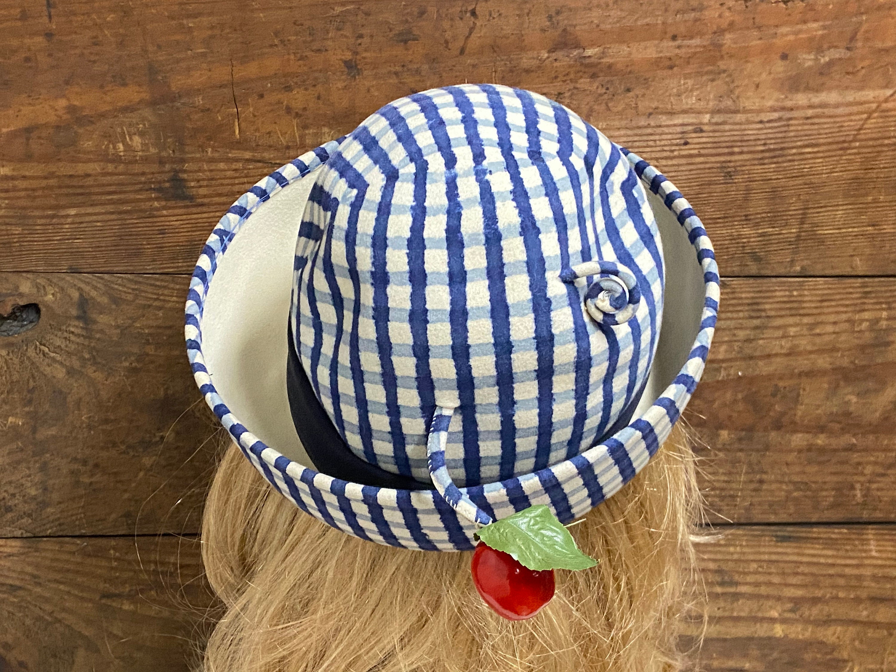 Vintage Frank Olive Cloche Hat: Blue Plaid Brimmed Fabric 