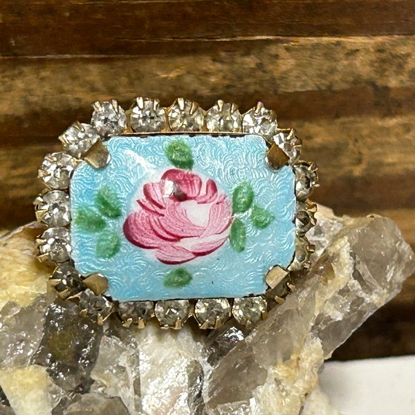 Vintage Pink Rose Guilloche Brooch with Clear Rhinestone Detailing, Vintage Rose Guilloche Brooch, Pink Rose Brooch, Spring Brooch