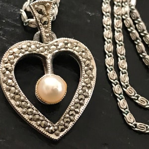 Vintage Sphinx Marcasite Heart Pendant Necklace with Faux Pearl