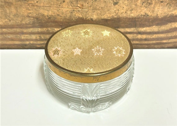 Vintage Gold Top Vanity Jar, Gold Fabric Top with… - image 1