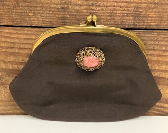 Vintage Brown Corduroy Clutch, Gold/Pink Embellishment, Brown Fabric Clutch, Wedding Clutch