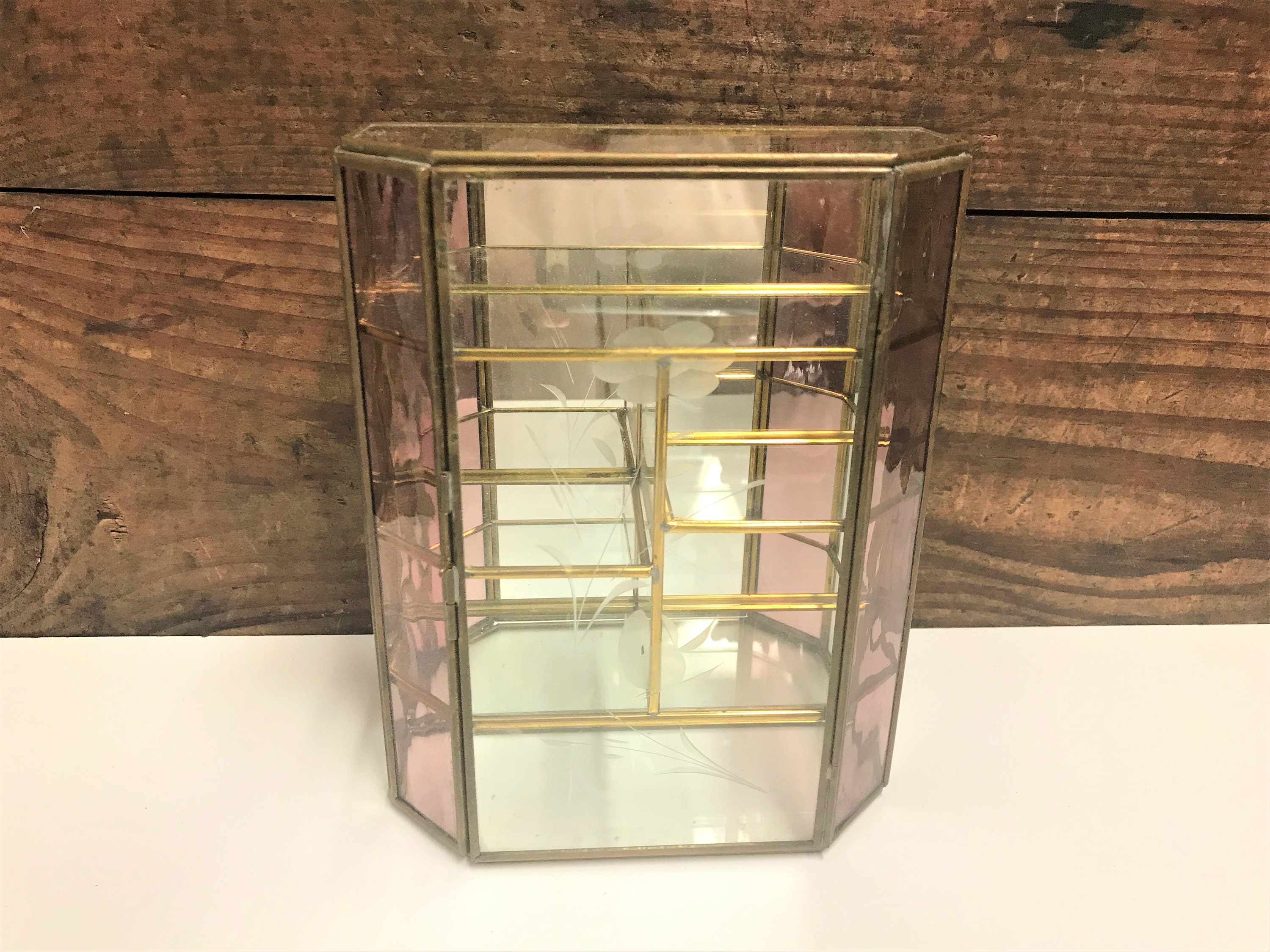 Vintage Glass Curio Cabinet Clear And Pink Glass With Frosted Etsy