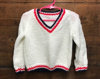Vintage Boys Hand Knit Sweater, Nautical Sweater, Boys Cotton Knit Sweater, Toddlers Sweater, Boys V Neck Sweater