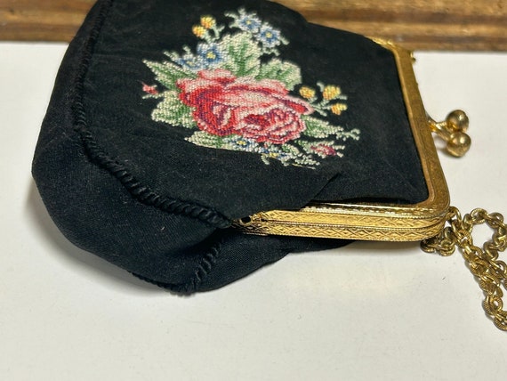 Antique Small Petit Point Fabric Purse, Floral Pe… - image 5