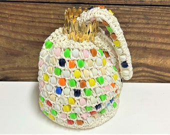 Vintage Woven Gate Top Purse, Vintage Beggars Bag, White Woven Beaded Purse, Made in Hong Kong, Handled Vintage Purse