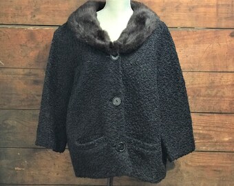 Vintage Black Mohair with Mink Collar Jacket, Size L, 3 Button Front Closure, Vintage Black Winter Jacket, Mohair Jacket, Mink Collar