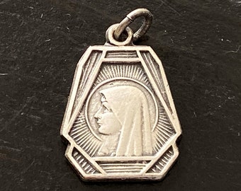 Vintage Sterling Silver Our Lady of Lourdes Religious Medal/Charm, Sterling Silver Virgin Mary Religious Pendant, Sacred Heart on Reverse