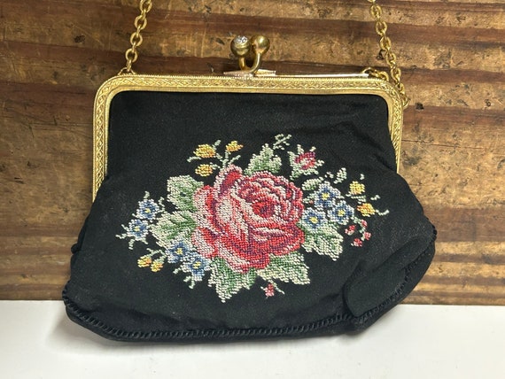 Antique Small Petit Point Fabric Purse, Floral Pe… - image 2