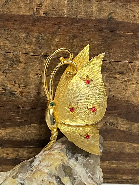 Vintage Butterfly Brooch by JJ, Gold Metal With Rhinestones