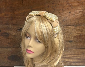Vintage Light Taupe Velvet and Beige Headband Style Fascinator, Vintage Bow Style Fascinator, Wedding Fascinator, Church Fascinator